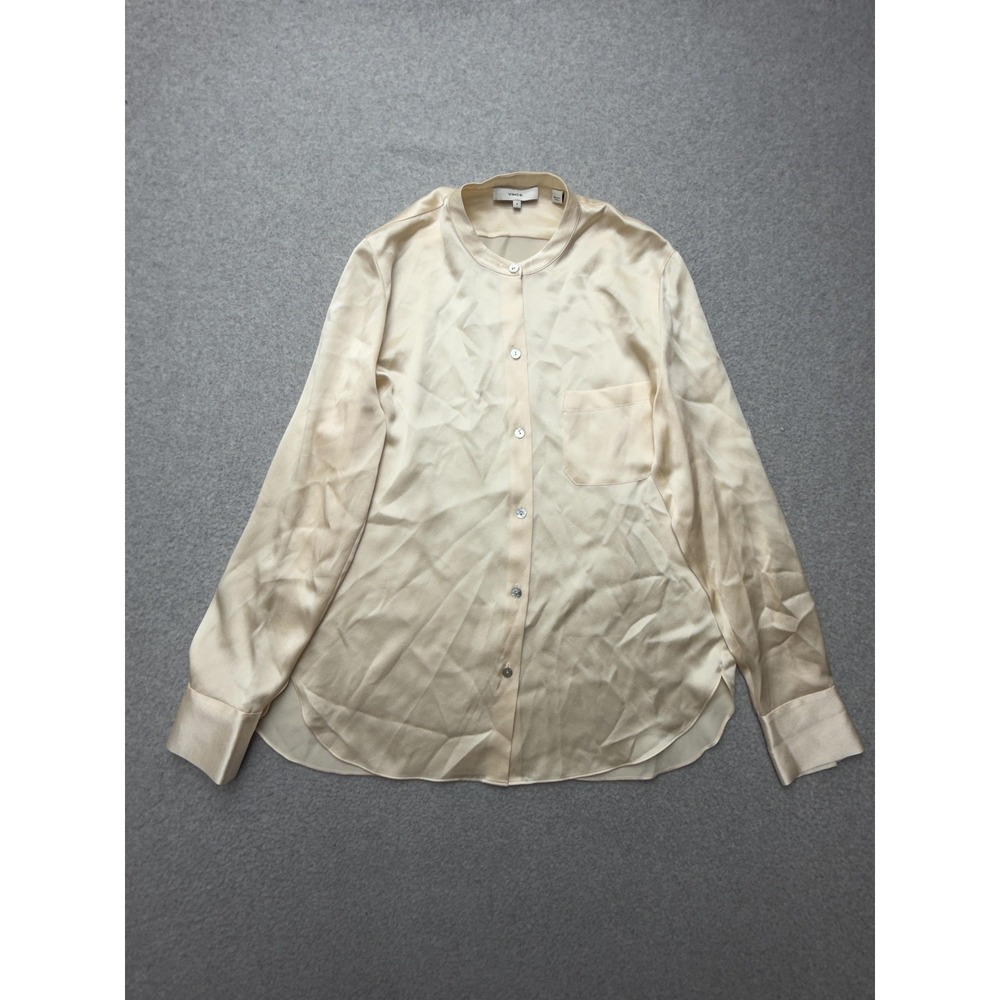 Vince Shirt Womens 4 White 100% Silk Button Front Long Sleeve Satin Blouse